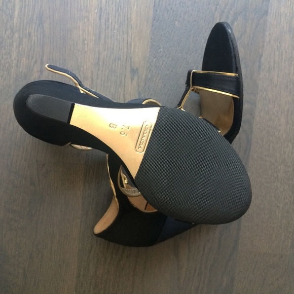Coach | Black Satin Gold Trim Wedge Heel Sandals - Picture 8 of 8